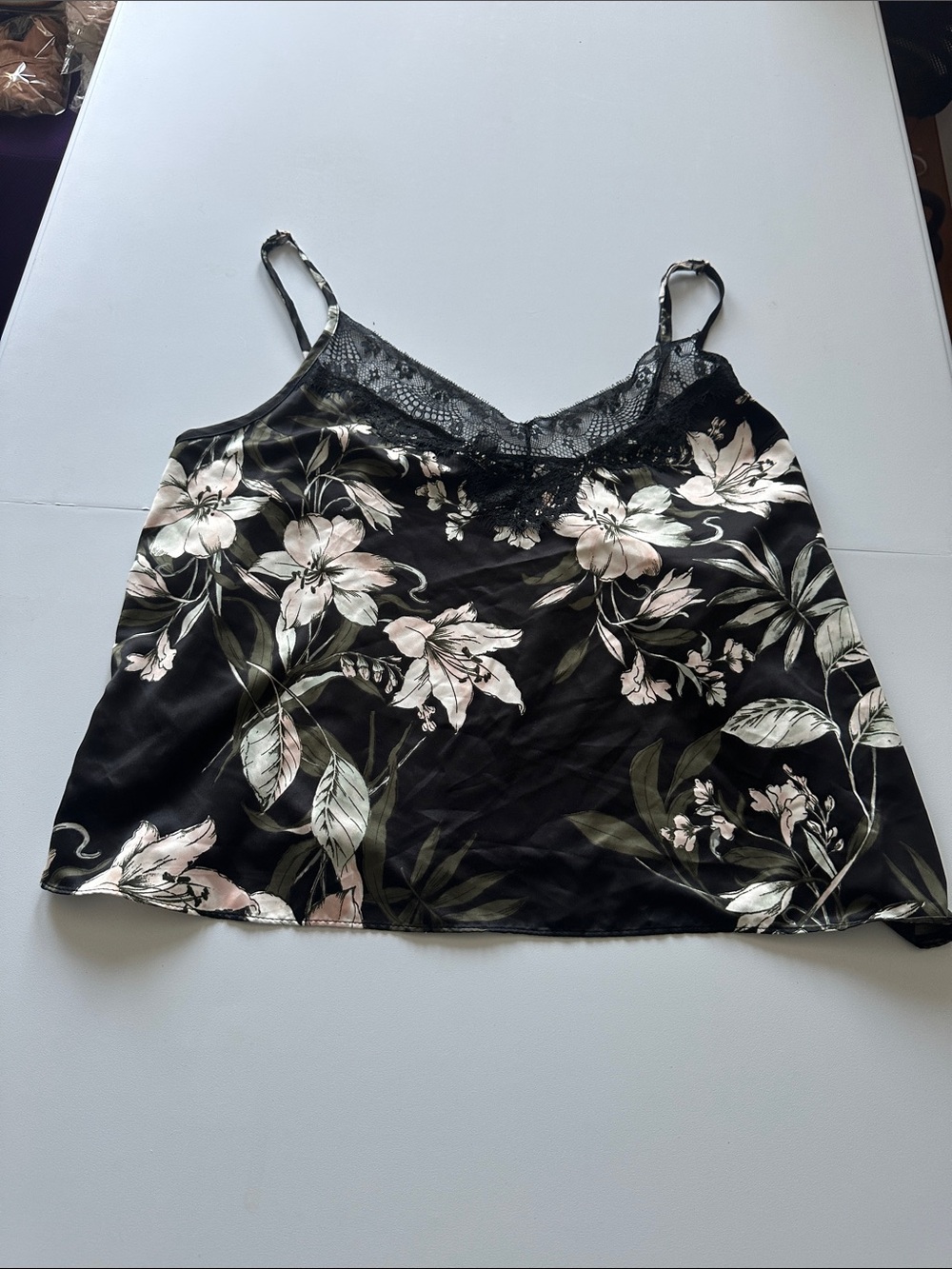 Floral Lace-Trim Satin Cami in Black with Pale Pink & Green Print